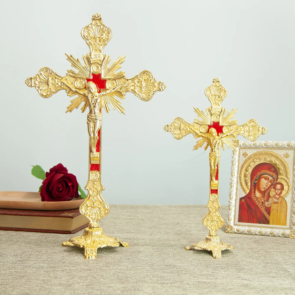 Crucifixo de Mesa Banhado a Ouro Católico