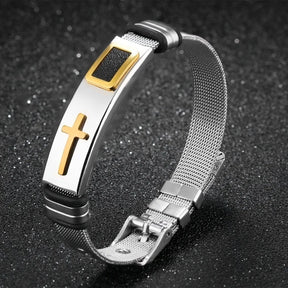 Bracelete Cristão Masculino em Aço Inoxidável com Joia Ajustável