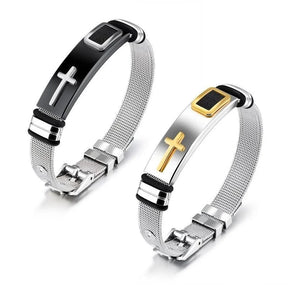 Bracelete Cristão Masculino em Aço Inoxidável com Joia Ajustável