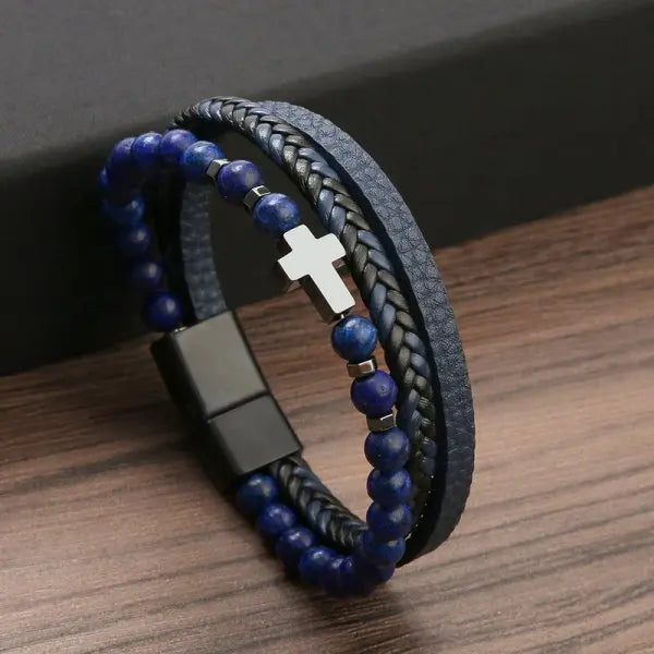 Pulseira Cruz Cristã Masculina em Couro