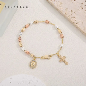 Pulseira Nossa Senhora Feminina com Cruz em Cobre Detalhado