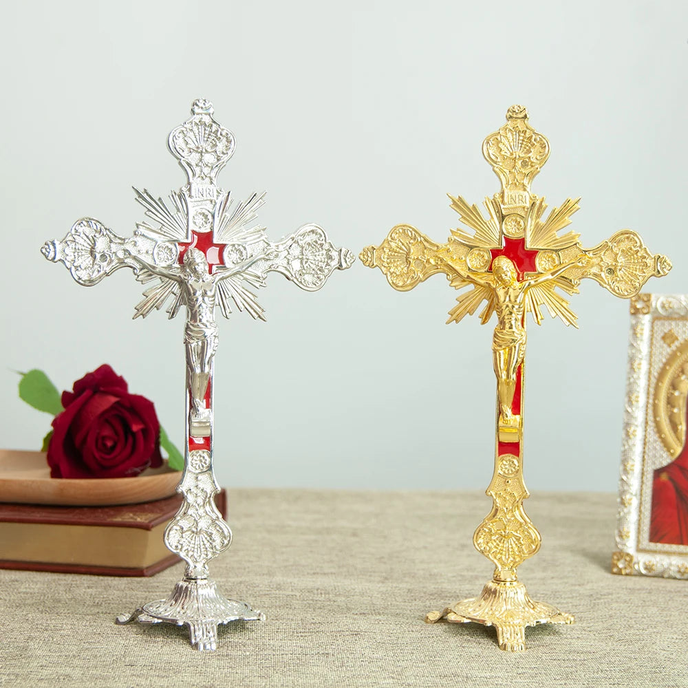 Crucifixo de Mesa Banhado a Ouro Católico