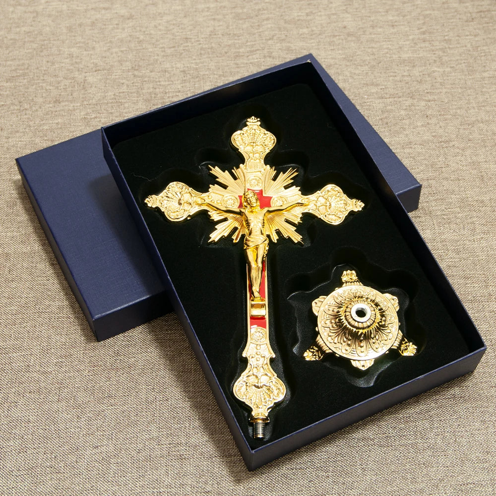 Crucifixo de Mesa Banhado a Ouro Católico