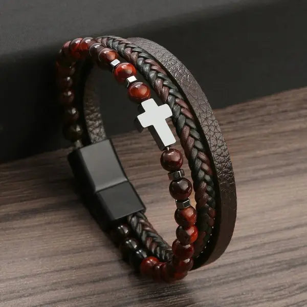 Pulseira Cruz Cristã Masculina em Couro