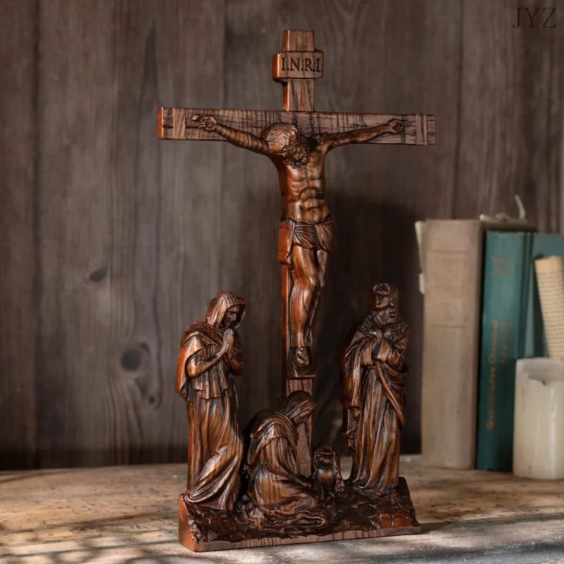 Crucifixo de Mesa em Madeira Maciça Vintage com as Três Marias