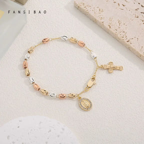 Pulseira Nossa Senhora Feminina com Cruz em Cobre Detalhado